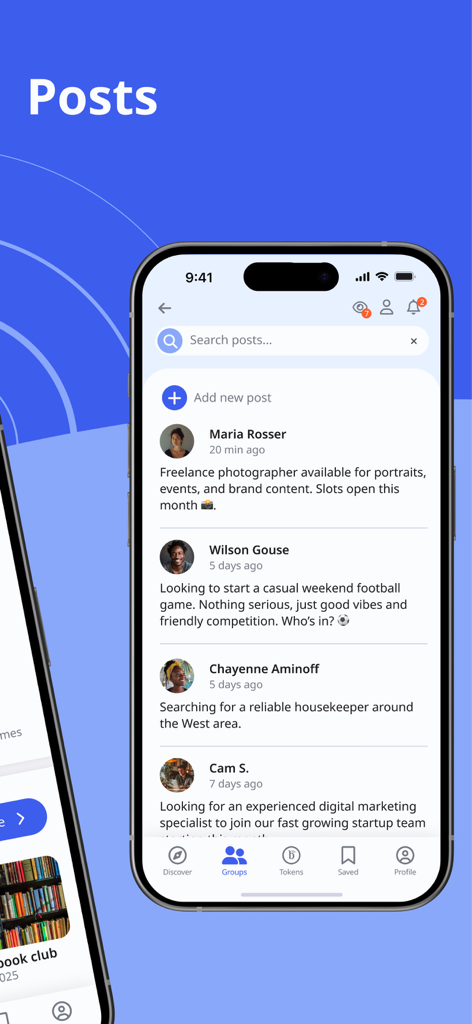 Mobile screen showing community posts for freelance work and local activities on Buzzly