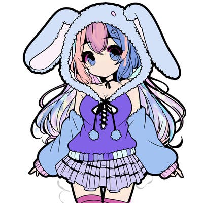 pretty anime girl wearing a fluffy hoodie with bunny ears on the hood and a skirt