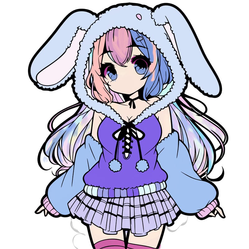 pretty anime girl wearing a fluffy hoodie with bunny ears on the hood and a skirt