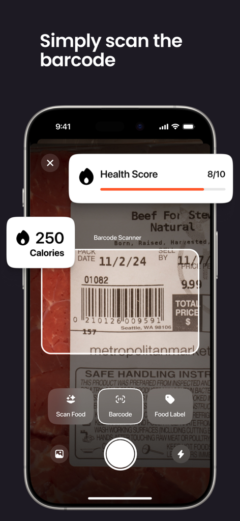 Lean: AI Macro Tracker - Smartphone displaying the barcode scanner feature of Lean AI Macro Tracker app with nutritional data for beef