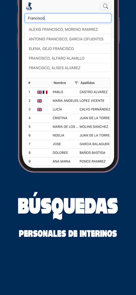 Bolsa Interinos CLM 2025/26 - Écran de recherche de l'application Bolsa Interinos CLM montrant une liste des classements des enseignants remplaçants et la fonctionnalité de recherche.