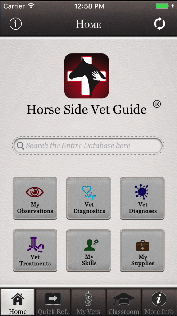 Horse Side Vet Guide - 馬の健康管理カテゴリが表示されたHorse Side Vet Guideアプリのホーム画面