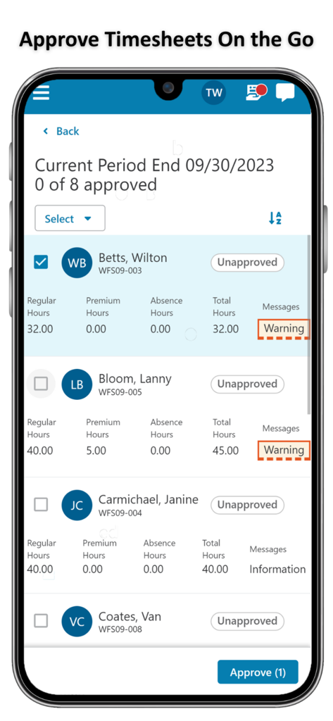 WorkForce Suite - Una interfaz móvil de la aplicación WorkForce Suite que muestra a un gerente aprobando hojas de tiempo de empleados con detalles de horas y estado.
