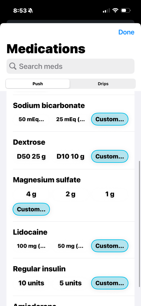Medication tracking interface for push doses in Code Blue Narrator