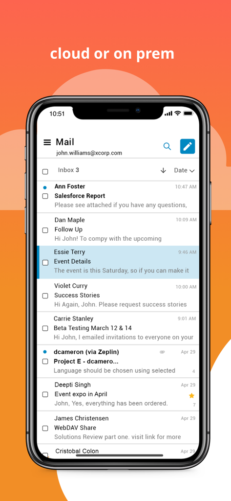 Smartphone-Bildschirm, der die Zimbra E-Mail und Kollaborations-App-Inbox mit einer Liste von E-Mails zeigt.