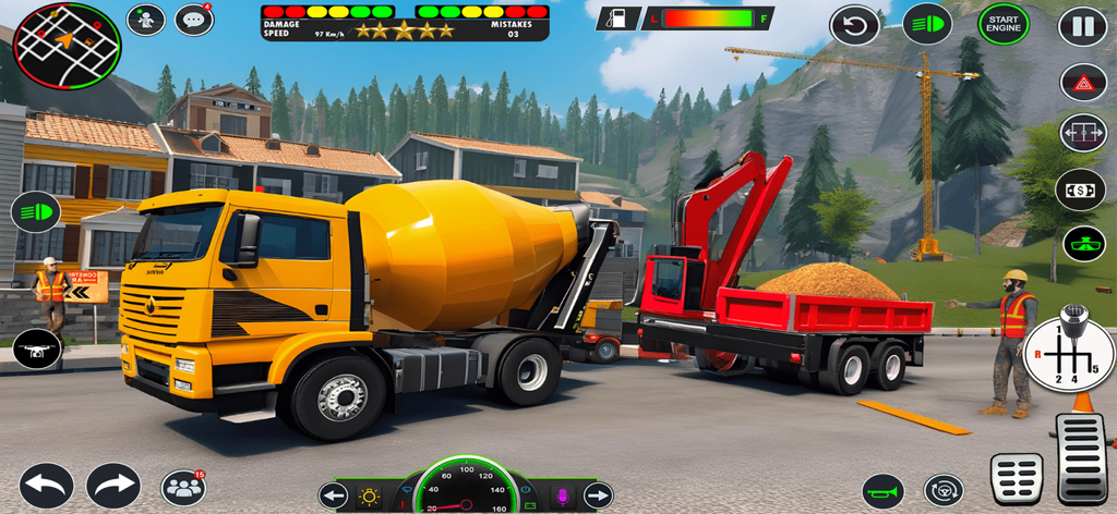 JCB Backhoe Loader Driving - Gameplay screenshot of a yellow cement mixer truck and a red excavator on a construction site in a 3D simulation game