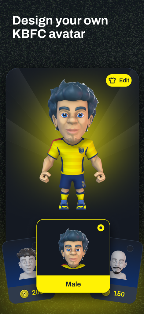 Kerala Blasters FC - Écran montrant l'interface de conception et de personnalisation d'un avatar de fan de Kerala Blasters FC.