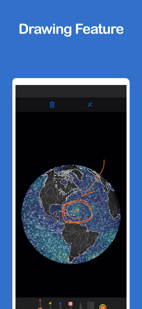 Interaktives Zeichenwerkzeug in einem sicheren Webbrowser für Kinder, das einen Globus mit Annotationen zeigt.