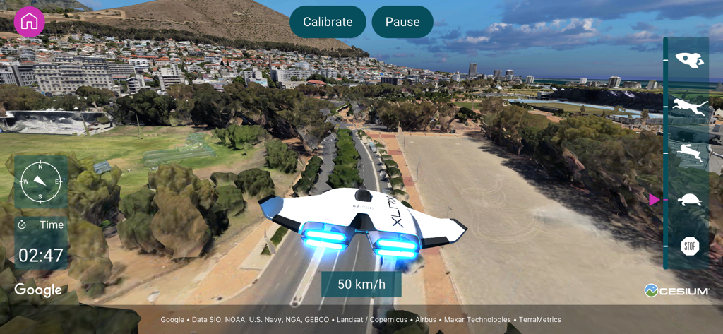 ICAROS EXPLORE - A futuristic aircraft flying over a detailed 3D city landscape in the ICAROS EXPLORE app interface.
