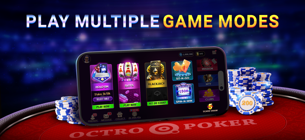 Octro Poker Texas Holdem Games - A smartphone screen showing the Octro Poker app menu with options for Texas Holdem, Slots, and Blackjack surrounded by poker chips.