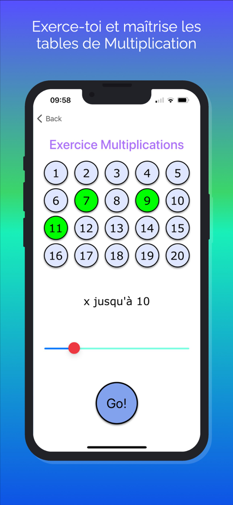 Calcul Mental & Jeux de Maths - Tela de exercício de tabuada em um aplicativo francês de cálculo mental