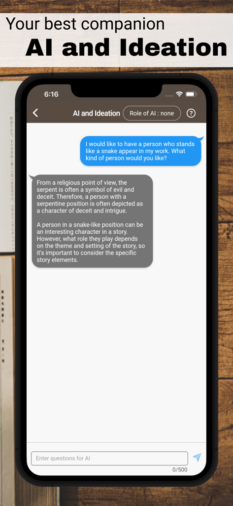Smartphone screen displaying the AI chat feature for brainstorming story characters in the Story Plotter app.
