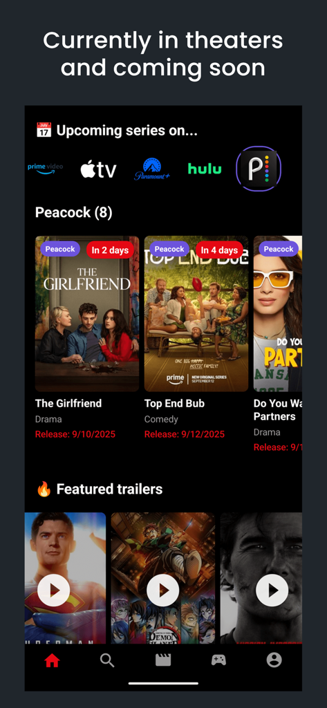 MisPelis - MyMovies - MisPelis app interface showing upcoming series on streaming platforms and featured movie trailers