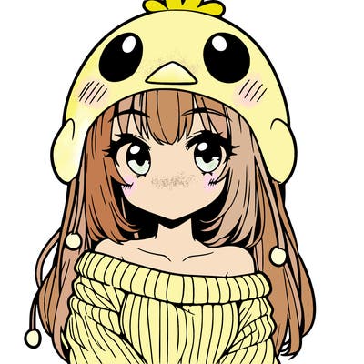 anime girl with chick shaped hat with sweater with bare shoulders with bangs covering them one eye with low tail