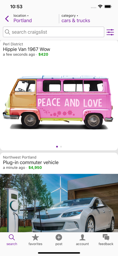 Craigslist mobile app showing search results for cars and trucks in Portland including a vintage hippie van and an electric vehicle