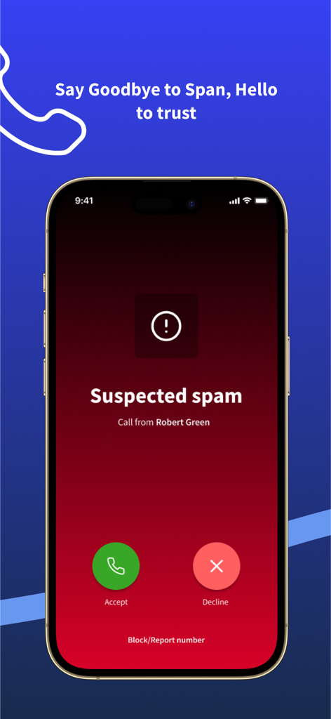 스마트폰 화면에 의심스러운 스팸 통화 경고를 표시하는 Phound 앱 인터페이스