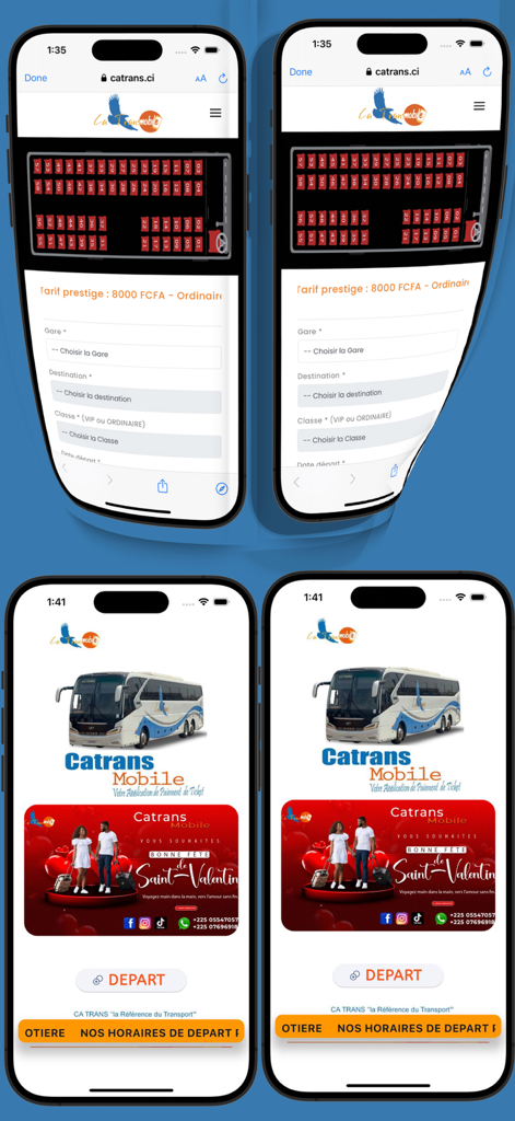 Catrans Mobile - Screenshots of the Catrans Mobile app showing the bus seating chart, booking form, and promotional landing page.