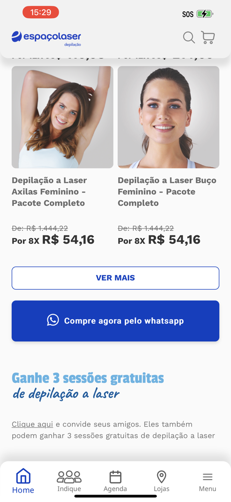 Espacolaser mobile app interface showing promotional laser hair removal packages for underarms and upper lip with a special offer for three free sessions.