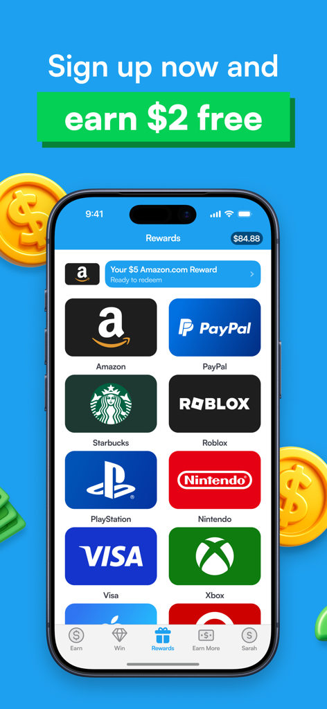 FeaturePoints: Get Free Cash - Smartphone screen of the FeaturePoints app showing a variety of gift card rewards including Amazon, PayPal, Starbucks, and gaming platforms like PlayStation and Nintendo.