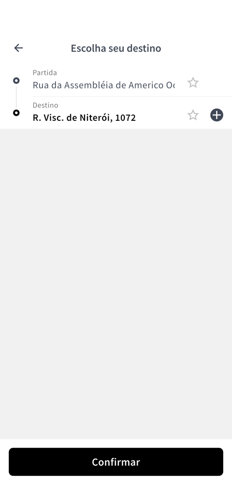 Tela do aplicativo Rota77 para escolher os endereços de coleta e destino.