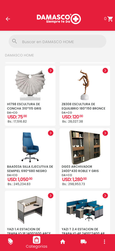 Damasco Ecommerce - Damasco Ecommerce app interface showing furniture and home decor products