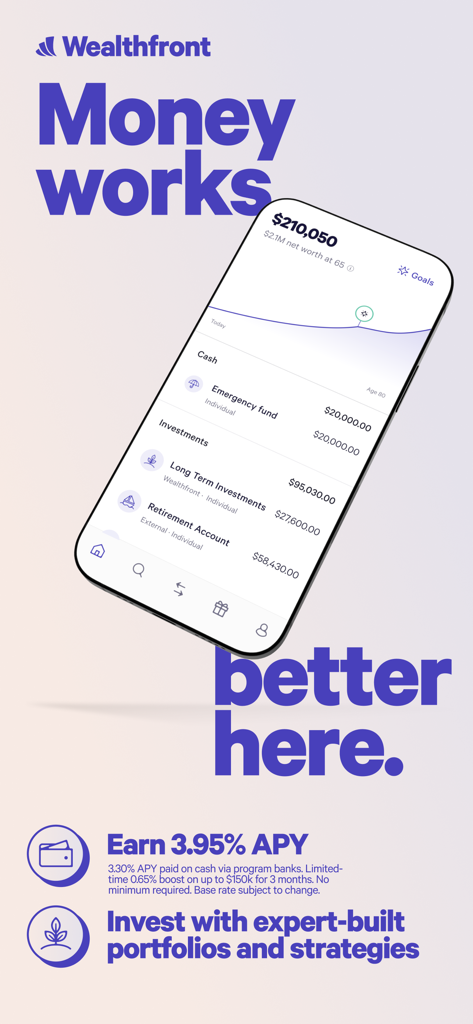 Wealthfront: Save and Invest - Interfaz de la aplicación móvil Wealthfront mostrando un resumen de la cartera y texto promocional de APY de alto rendimiento