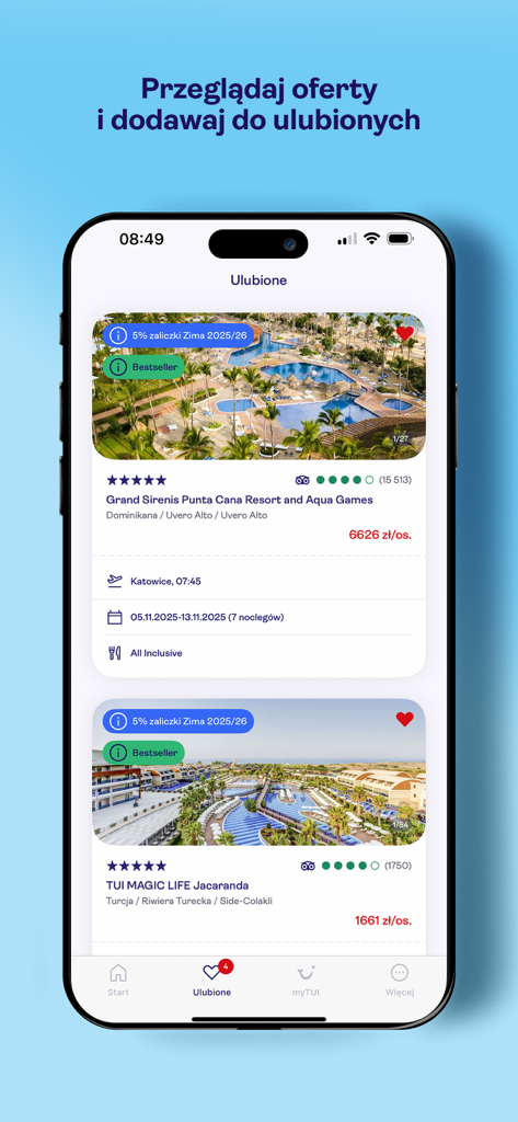 TUI app screen showing a list of favorite vacation offers with hotel photos and prices