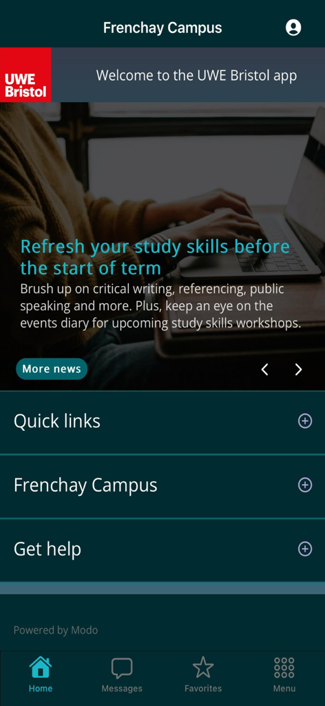 UWE Bristol - Dashboard of the UWE Bristol app displaying campus information and study resources