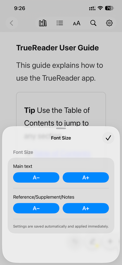 True Epub app font size settings for main text and reference notes