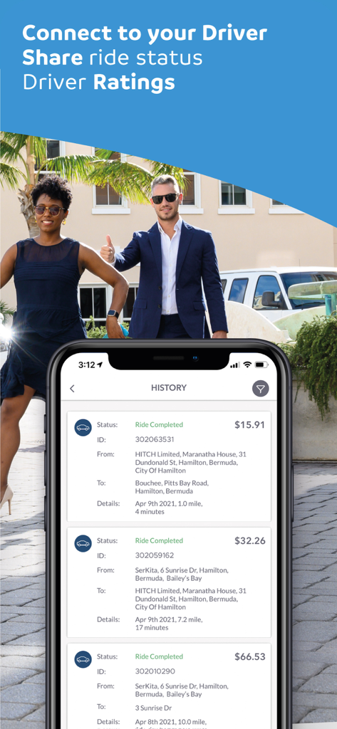 Hitch Bermuda - Interface of the Hitch Bermuda app displaying a list of completed taxi rides with prices and trip details