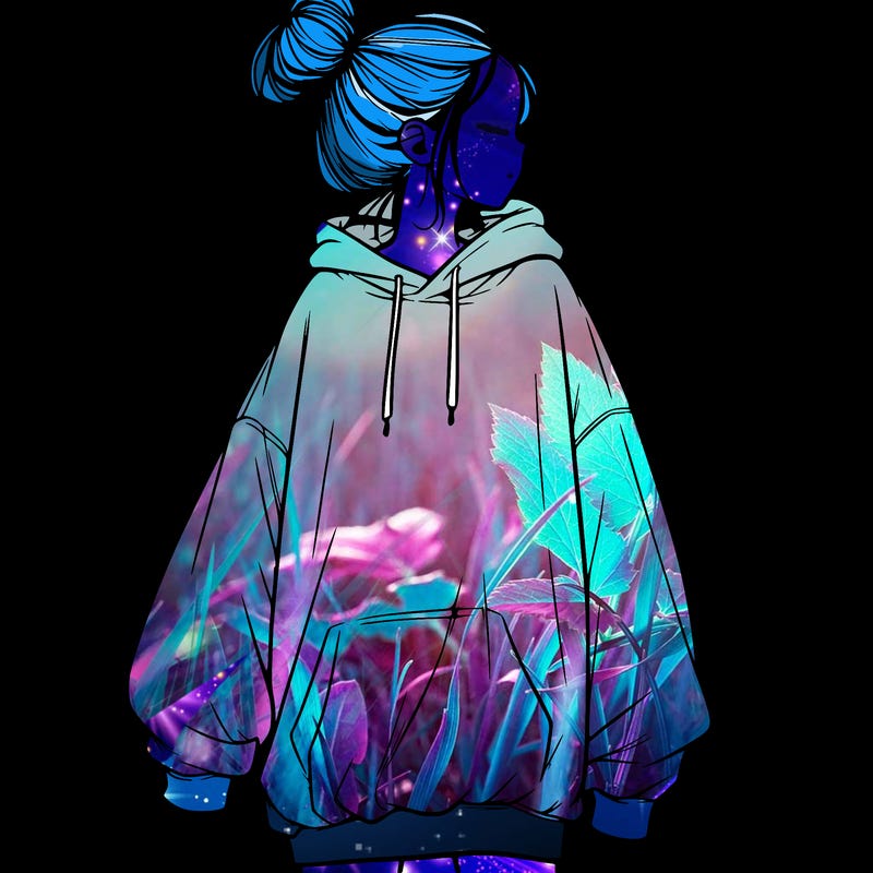 realistic girl with a oversized sweatshirt on and a bun