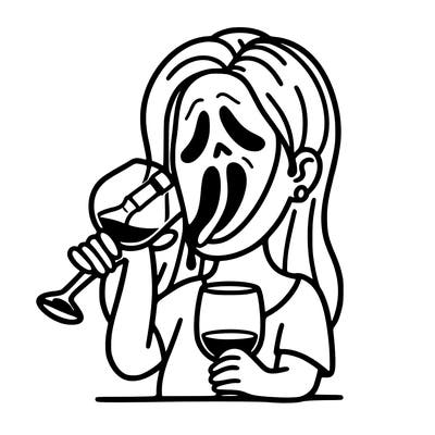 girl drinking wine with a scream mask on drinking wine