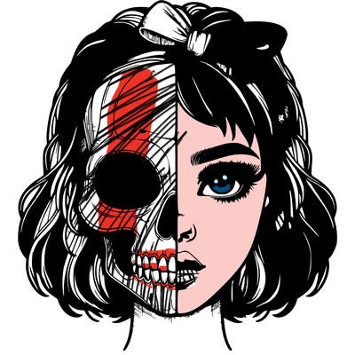 realistic girl with half skull mask