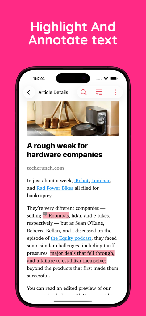 RSS Reader - Zers - ZersアプリのiPhone画面。技術記事のハイライトされたテキストと注釈が表示されている。