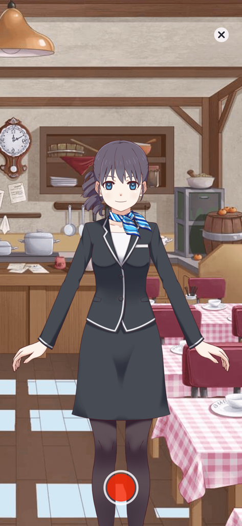 A female anime avatar in a professional suit standing in a cafe with a record button at the bottom