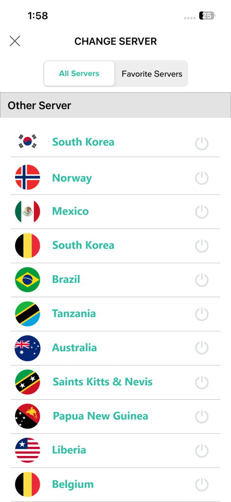 Interface showing a list of global VPN server locations including South Korea Norway and Mexico