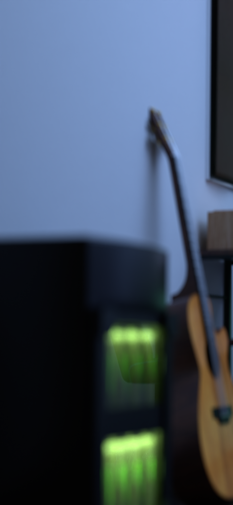 脱出ゲーム  ゲーム配信者の家から出たい - Vista interior de la habitación de un streamer con una guitarra e luces de neón verdes