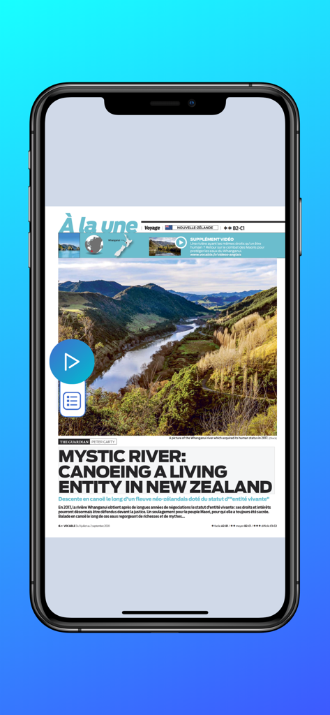 Vocable app screenshot showing an English news article with language learning features.