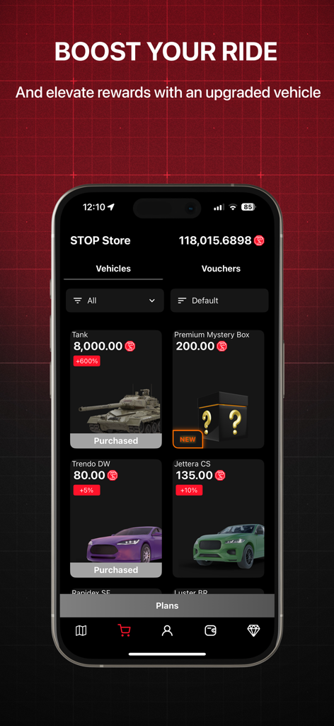 LETSTOP app store interface showing vehicle upgrades and rewards