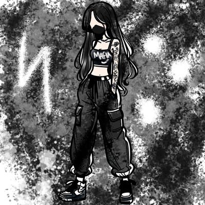 girl in baggy pants crop top and long hair