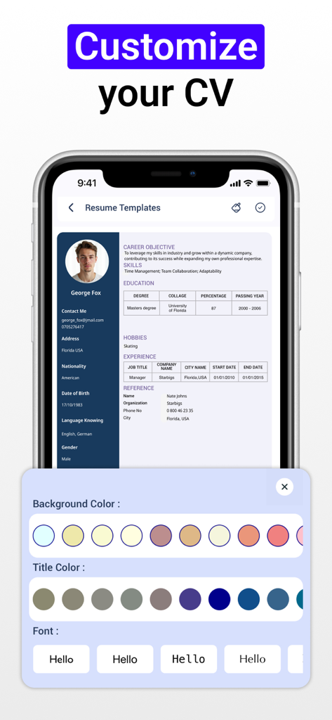 Resume Maker: CV Creator - Pantalla de la aplicación móvil que muestra opciones de personalización de color y fuente para una plantilla de currículum profesional.