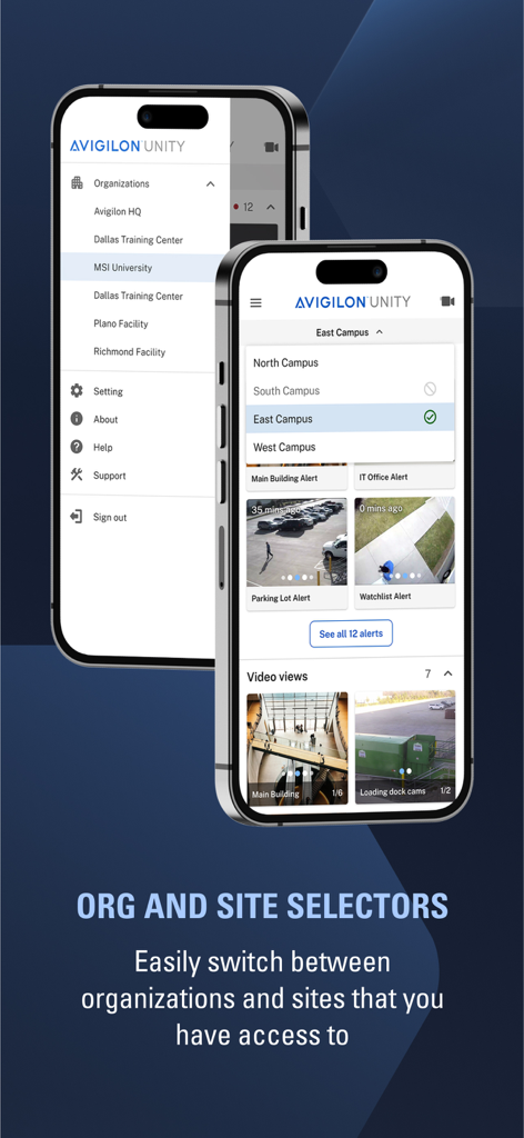 Avigilon Unity Video - Mobile interface of Avigilon Unity Video app showing organization and site selection menus for multi-site surveillance management