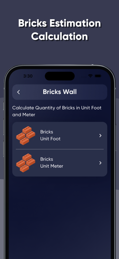 Civil Site Engineer App - Oberfläche zur Berechnung der Ziegelmenge in der Civil Site Engineer App, die Optionen für die Einheit Fuß und die Einheit Meter zeigt