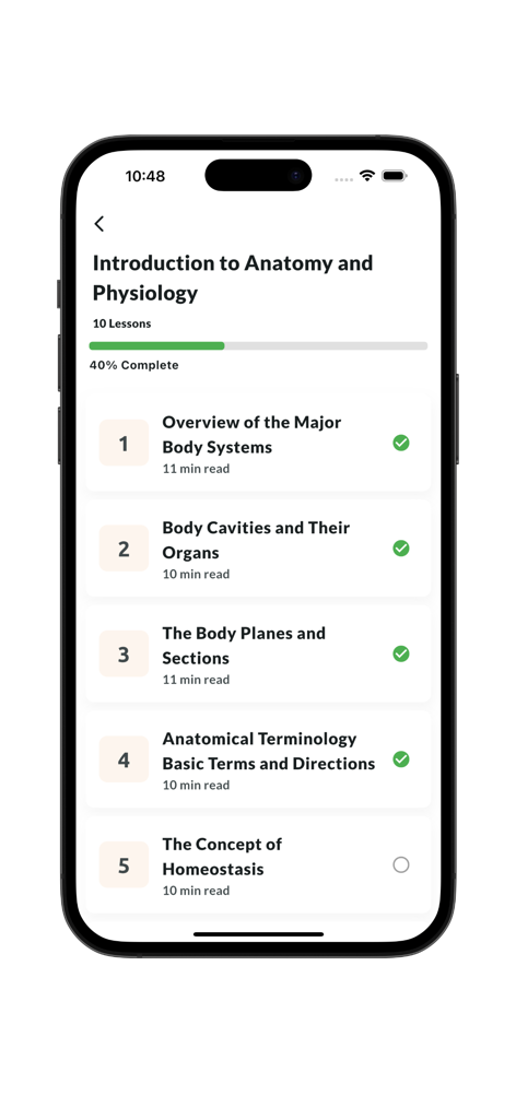 Learn Anatomy and Physiology - 解剖学と生理学の学習アプリのスクリーンショット。導入モジュールのレッスンリストと進捗状況を表示。