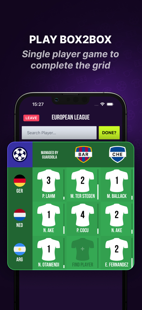 Captura de tela do aplicativo Tiki Taka Toe mostrando o modo de jogo single player Box2Box onde os usuários completam uma grade de trivia de futebol com base em nacionalidades de jogadores e histórico de clubes.