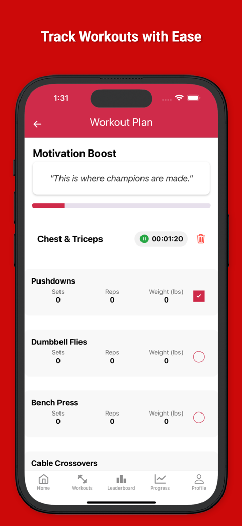 Gym Rank 앱 인터페이스, 세트 및 반복 횟수 추적 기능이 있는 가슴 및 삼두근 운동 계획 표시