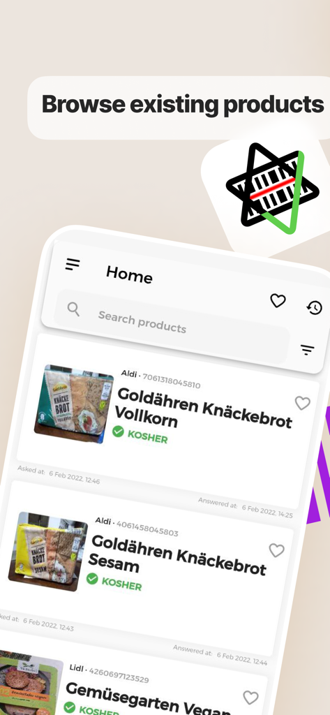 Tela do aplicativo KosherScan mostrando uma lista de produtos alimentícios kosher verificados com marcas de verificação verdes.