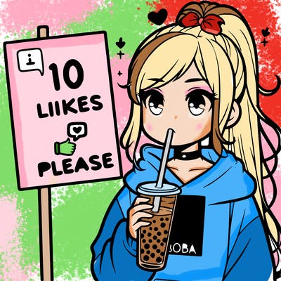 girl with a high ponytail and a hoodie drinking boba staring at a sign saying 10 likes please