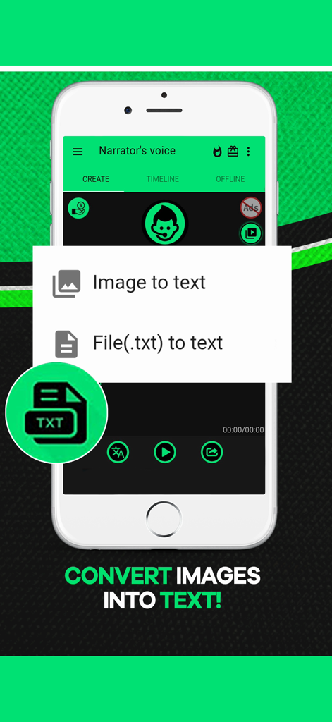 Narrator's voice - Pantalla de la aplicación La Voz del Narrador que muestra opciones para convertir imágenes y archivos de texto en audio hablado.