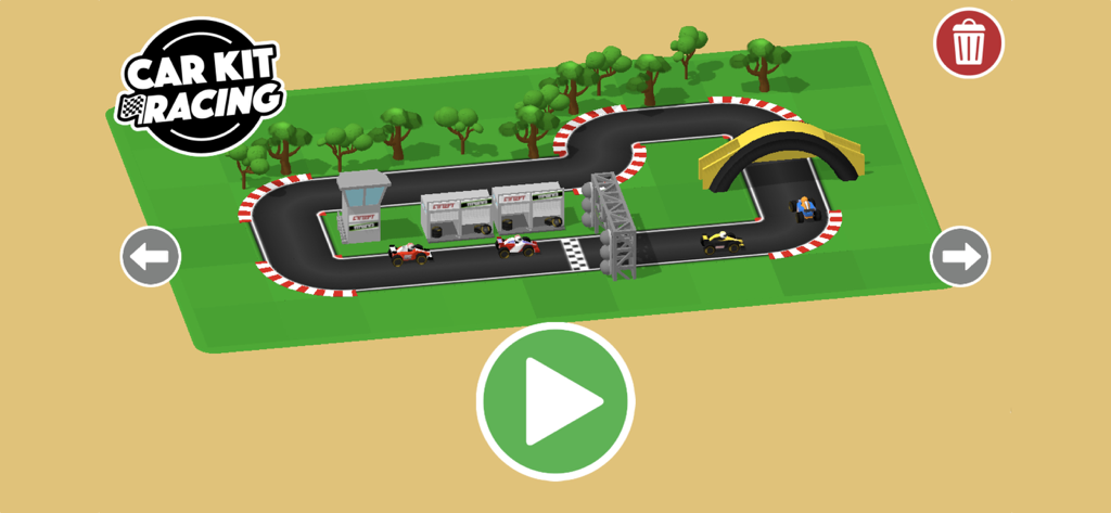 Custom toy racetrack with miniature cars and trees in Car Kit Racing